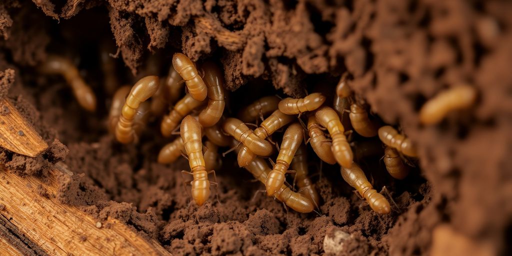 Close-up of subterranean termites in soil and wood.