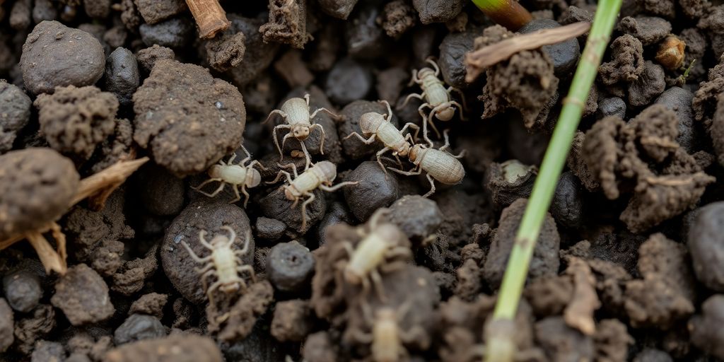 Close-up of soil mites crawling through rich soil.