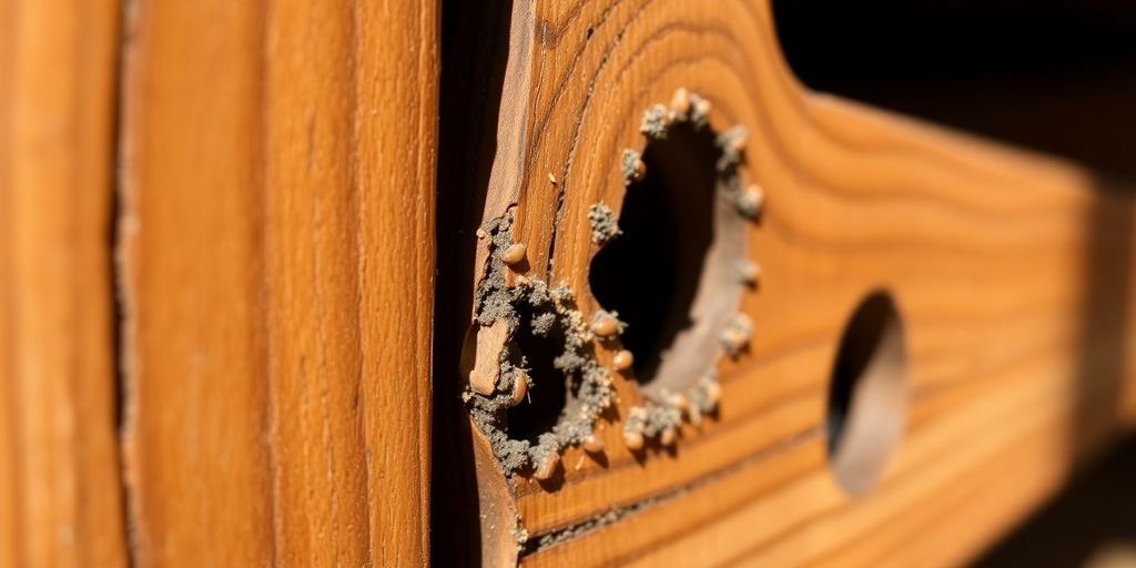 Damaged wooden furniture with visible termite holes and frass.