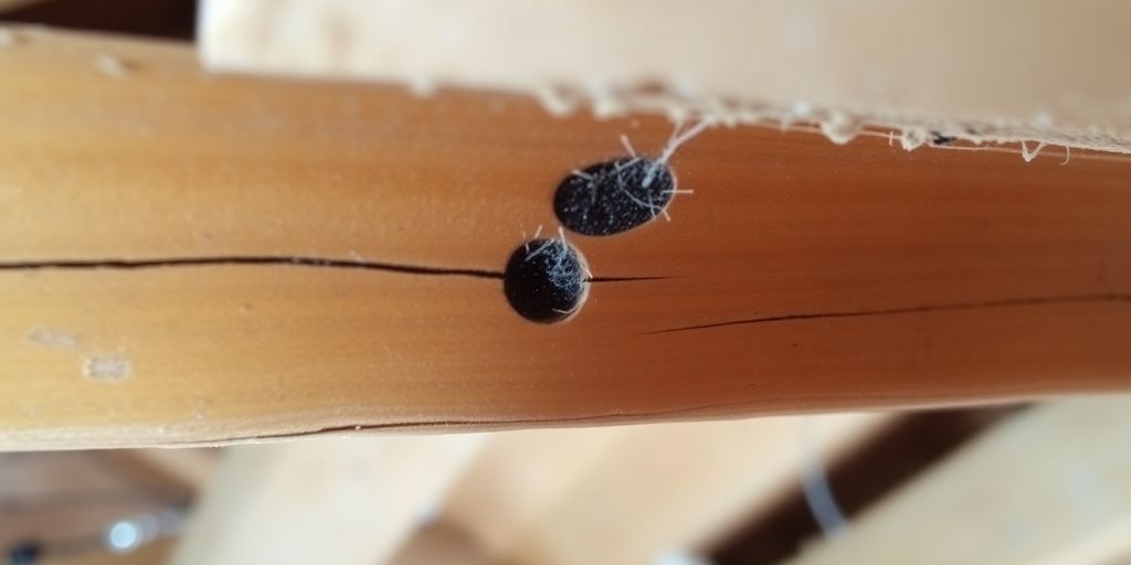 Photograph of termite-damaged wood in an attic.