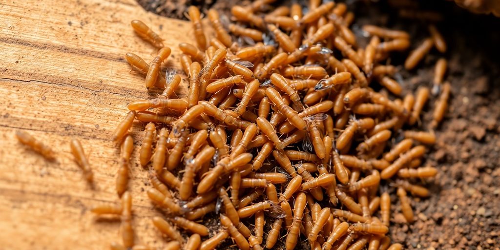 Swarming termites on wooden surface, showing their small bodies.