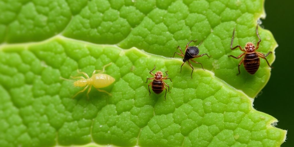 Clover mites and chiggers on a green leaf.