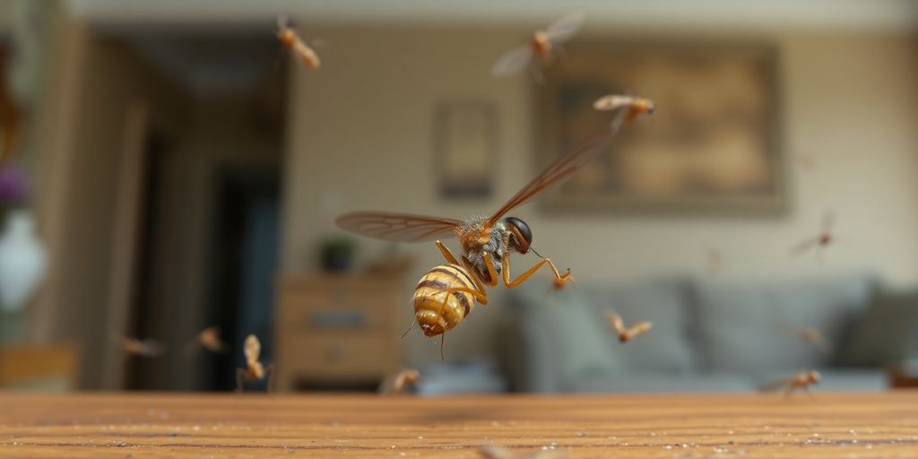 Close-up of a flying termite near wood.