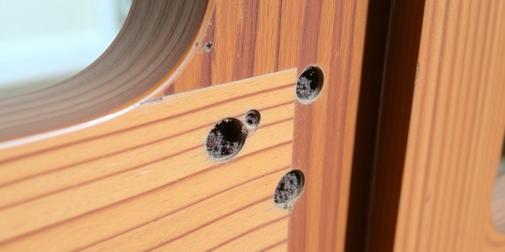 Photograph of termite damage on a wooden bed frame.