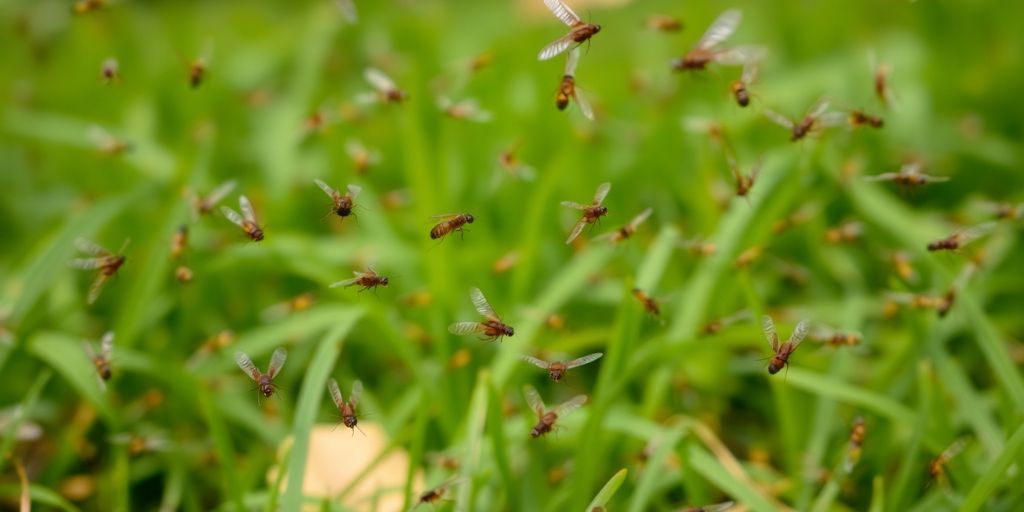 Flying termites swarming in a garden setting.