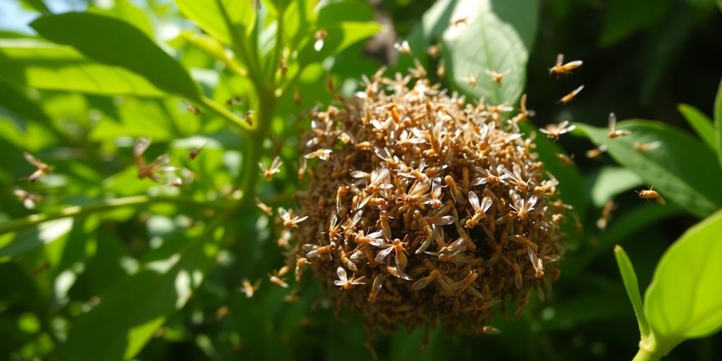 Swarm of flying termites in natural outdoor setting.