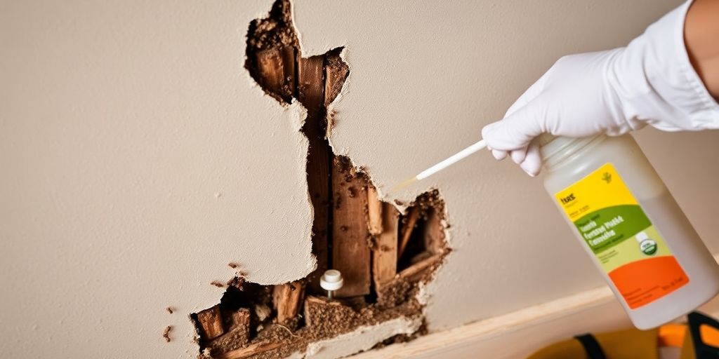 Termite damage on drywall with treatment application in progress.
