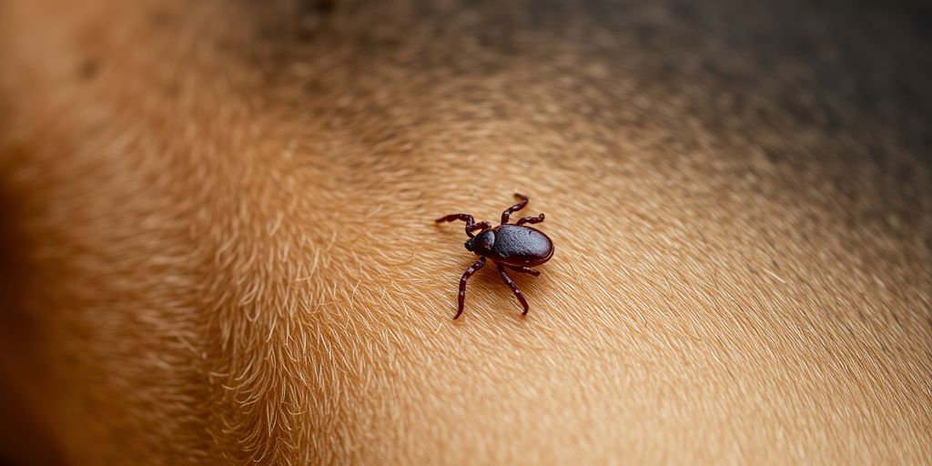 Dog with an engorged tick on its skin.