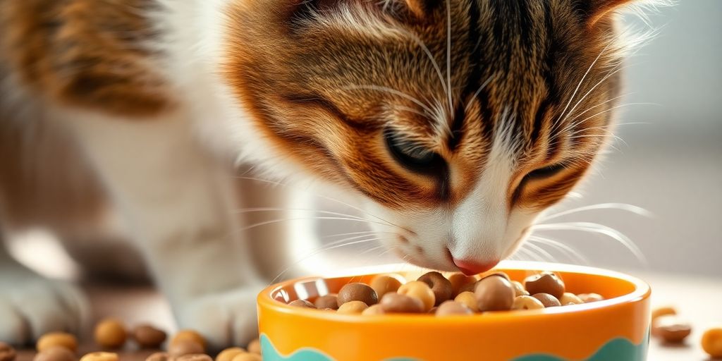 Domestic cat eating from a bowl with scattered kibble.
