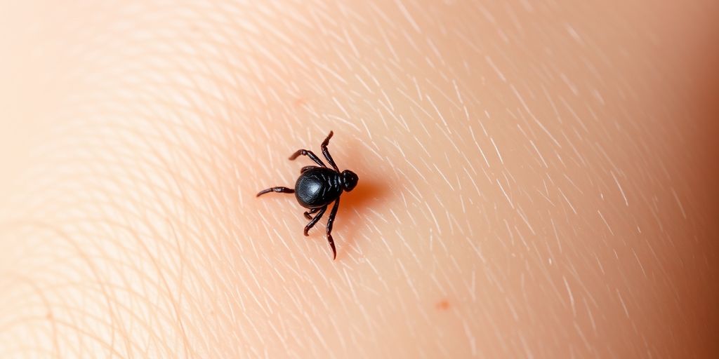 Close-up of a tick embedded in human skin.
