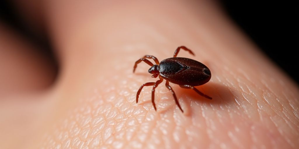 Close-up of a tick embedded in human skin.