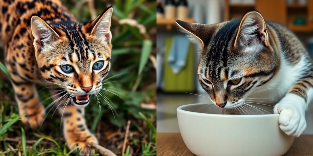 Wild cat hunting and domestic cat eating side by side.