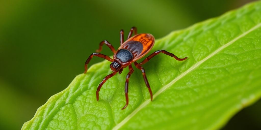 Close-up of a tick on a green leaf.