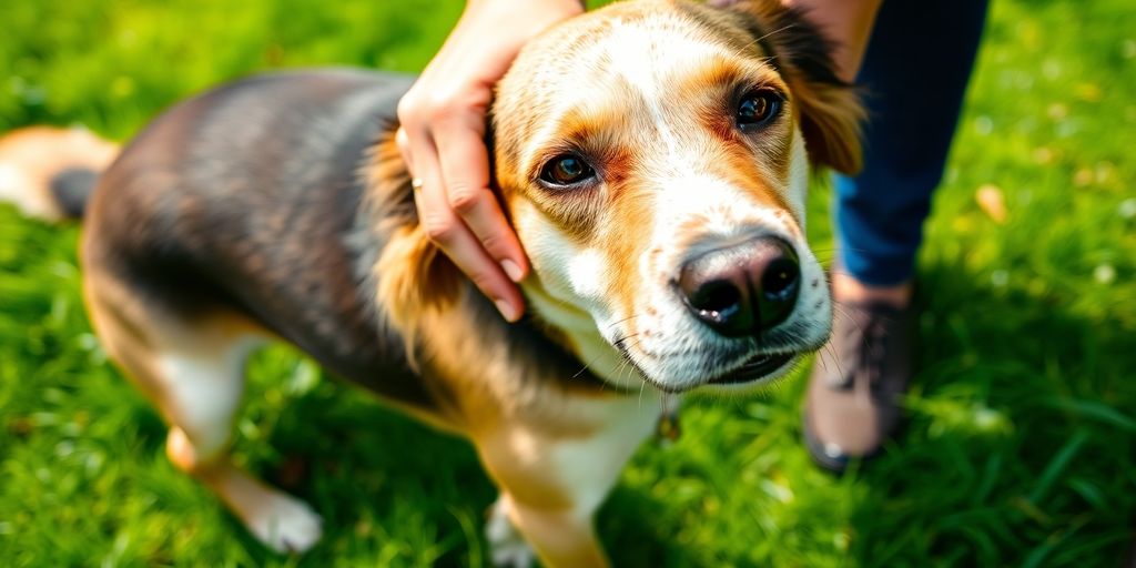 Dog being checked for ticks in a grassy area.