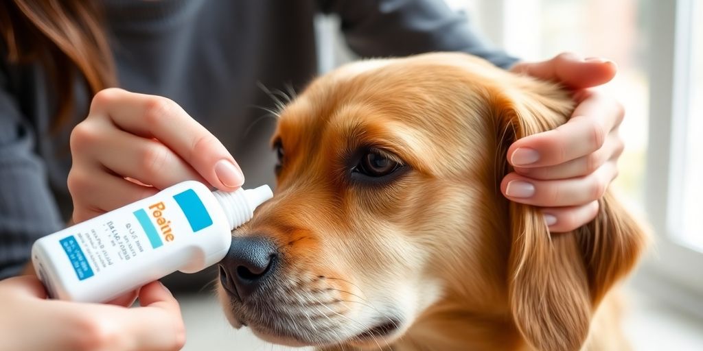 Dog receiving flea and tick treatment from owner.