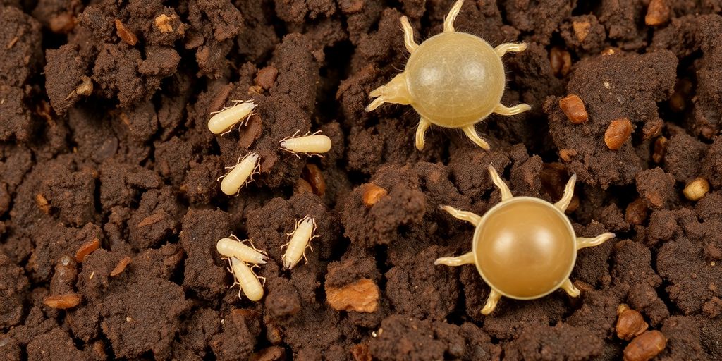 Close-up of root aphids and soil mites on soil.