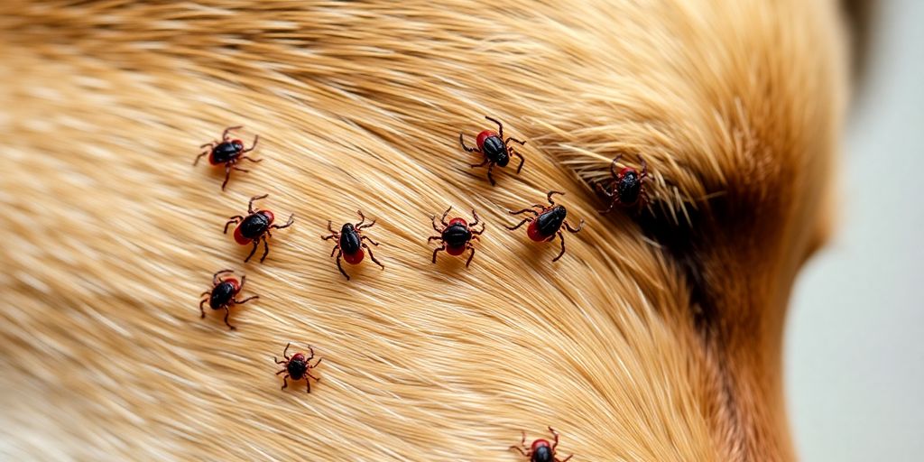 Close-up of a dog with visible ticks on its fur.