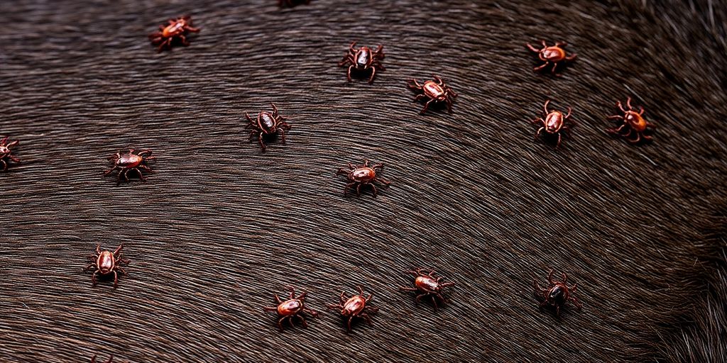 Close-up of a dog with visible ticks on fur.