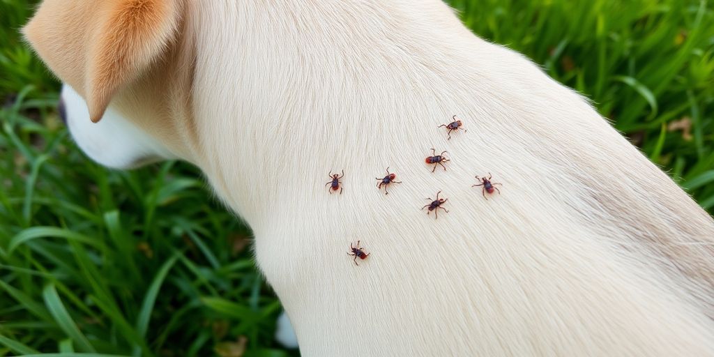 Dog with ticks in a grassy outdoor setting.