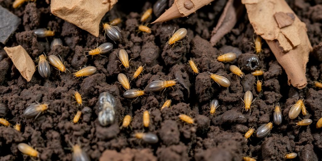 Close-up of soil mites in rich, dark soil.