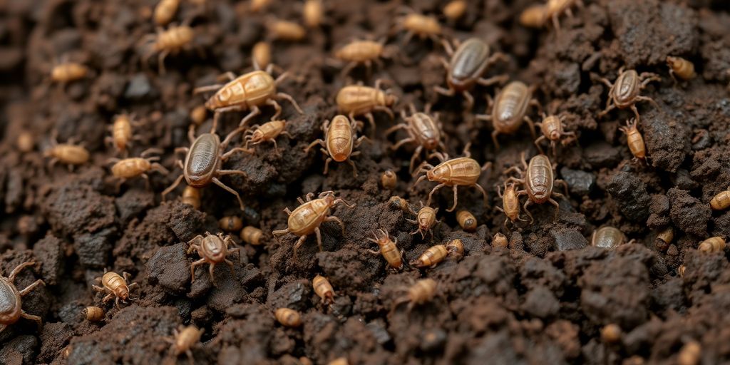 Close-up of diverse soil mites on dark soil.
