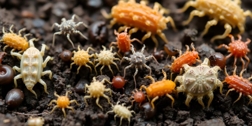 Close-up of different soil mite species in soil.