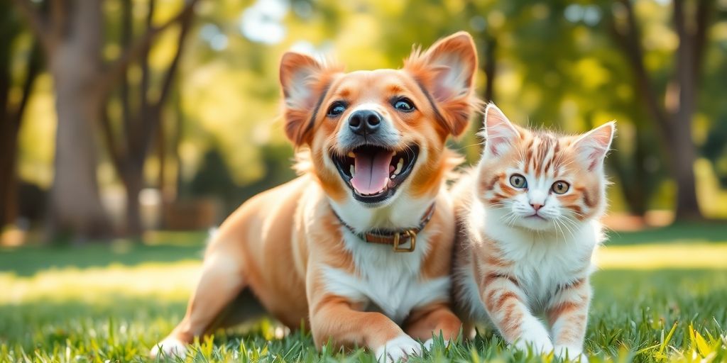 Happy dog and cat playing outdoors in sunlight.