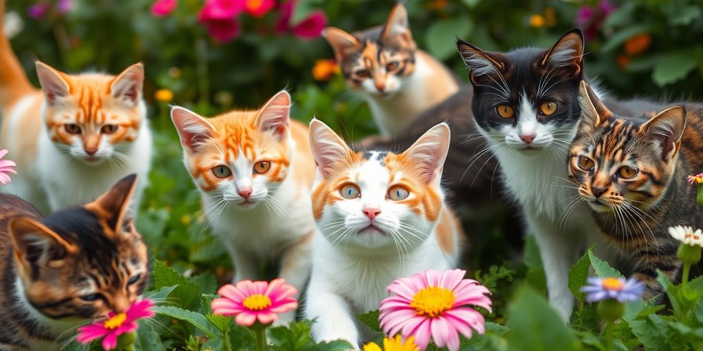 Cats hunting in a garden setting for pest control.