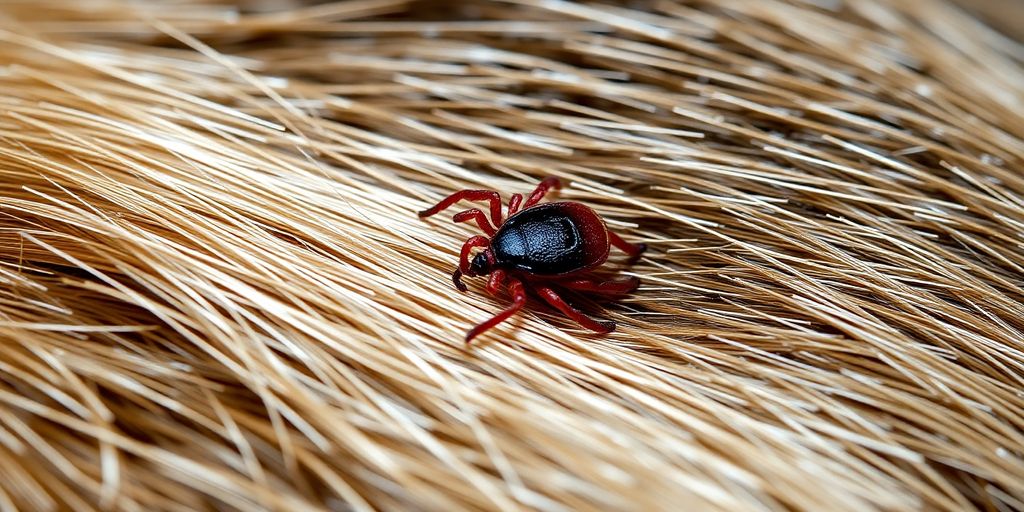 Close-up of a pet's fur with an embedded tick.