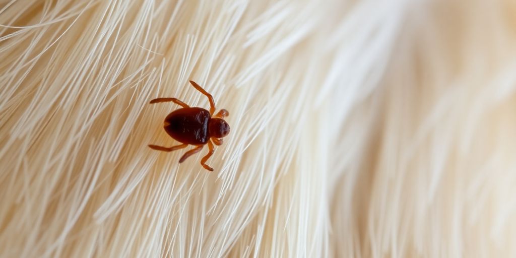 Close-up of a pet's fur with an embedded tick.