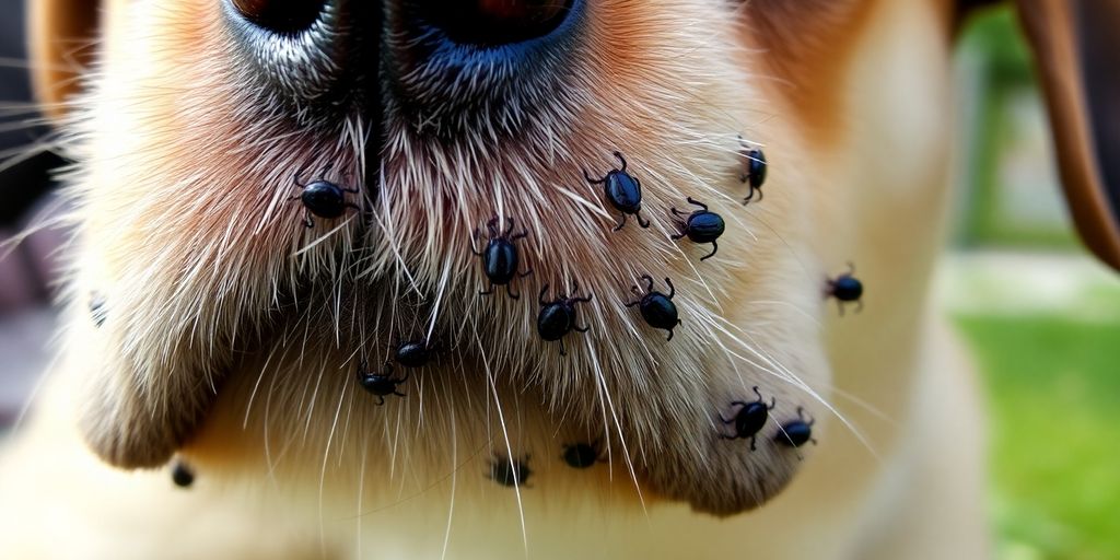 Pet with embedded ticks on its fur.