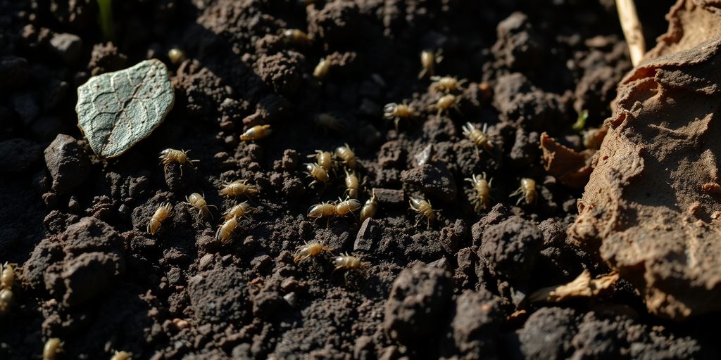 Close-up of soil mites in dark, rich soil. Close-up of soil mites in dark, rich soil.