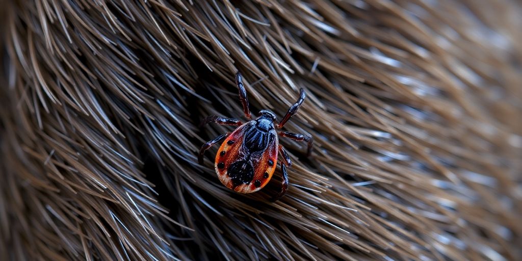 Close-up of a tick on a dog's fur.