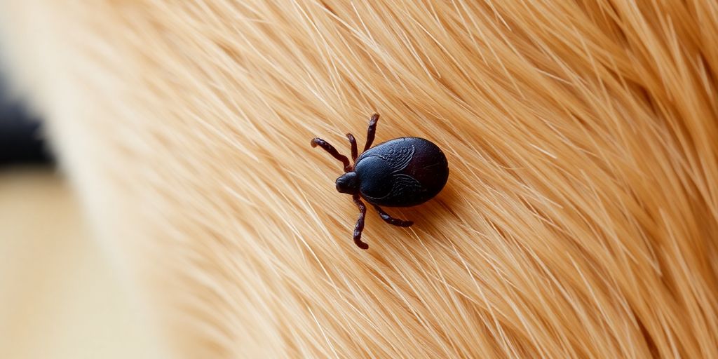 Close-up of a tick on a dog's fur.