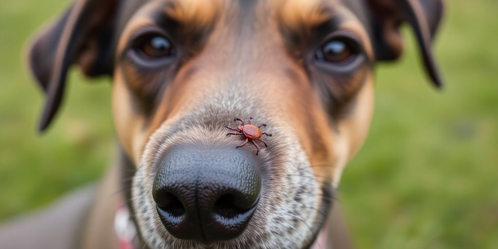 Dog with a tick on its fur in nature.