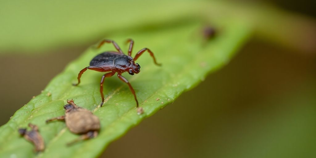 Close-up of a tick on a green leaf.
