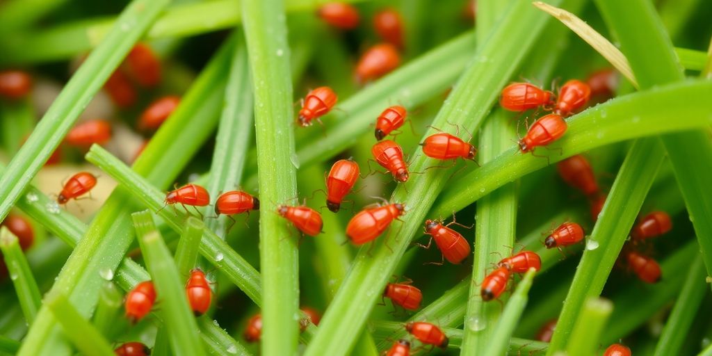 Close-up of chiggers and clover mites on grass.