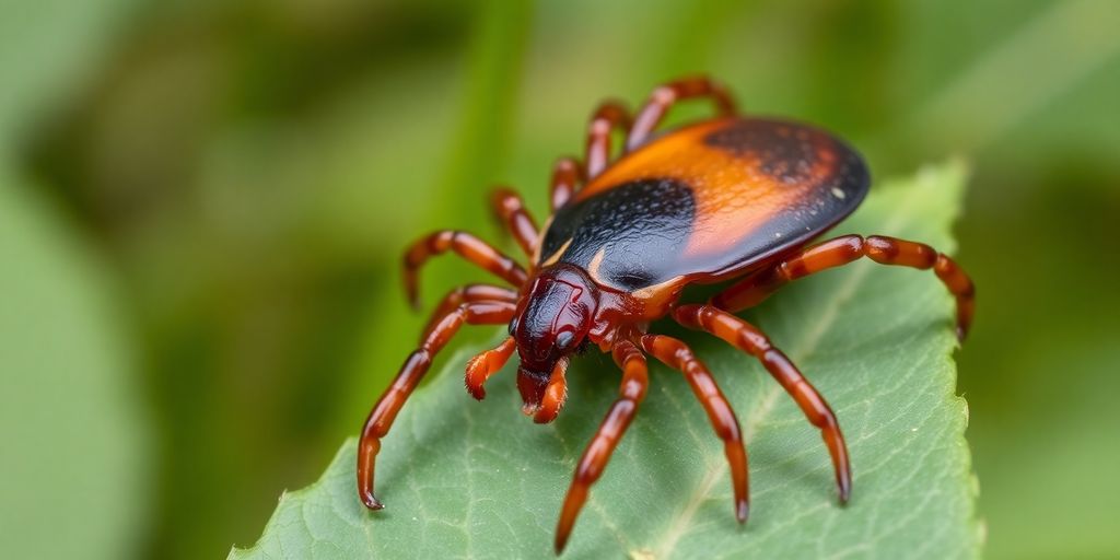 Close-up of an engorged tick on a leaf.