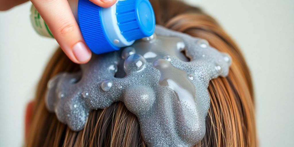 Person applying flea shampoo in a bright bathroom.