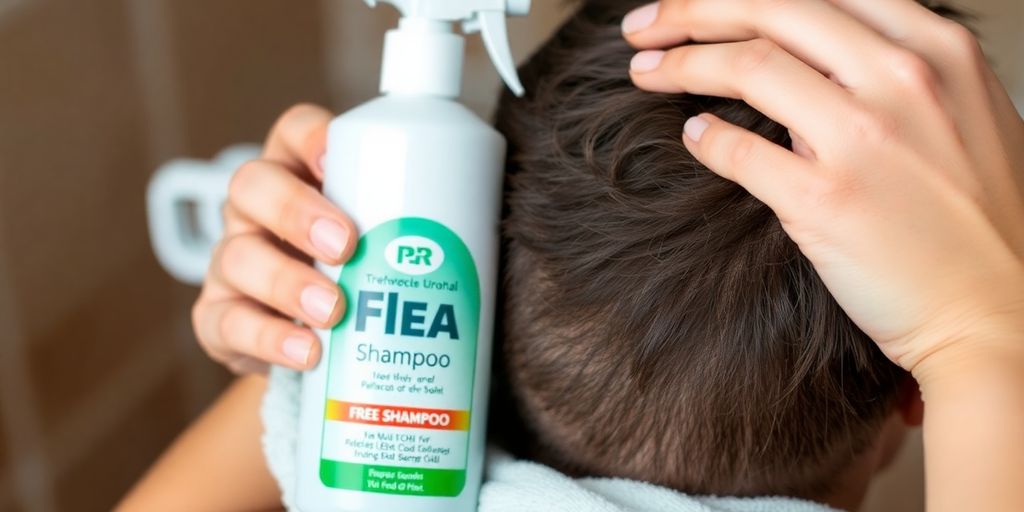 Person using flea shampoo on their hair, bottle nearby.