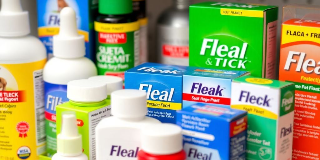 Flea and tick medicine packaging in vibrant colors.