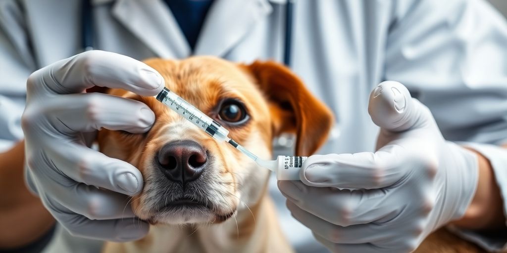 Veterinarian examining pet with flea and tick medicine.