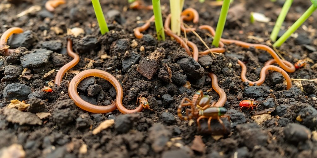 Healthy soil with earthworms and beneficial insects thriving.
