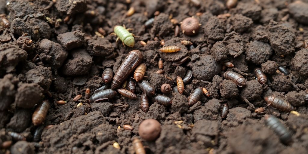 Close-up of soil pests in dark, rich soil.