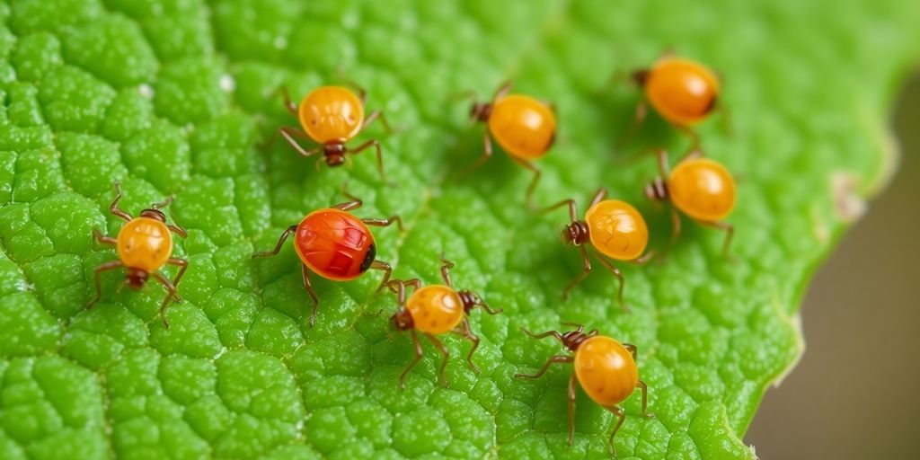 Close-up of chiggers and clover mites on a leaf.