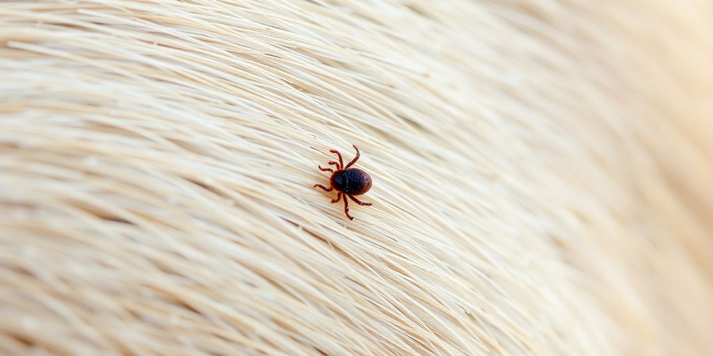 A tick embedded in a dog's fur and skin.