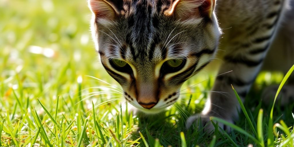 A cat crouching in grass, ready to pounce.