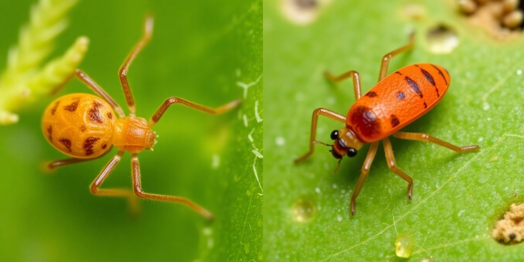 Clover mite and chigger side by side on grass.
