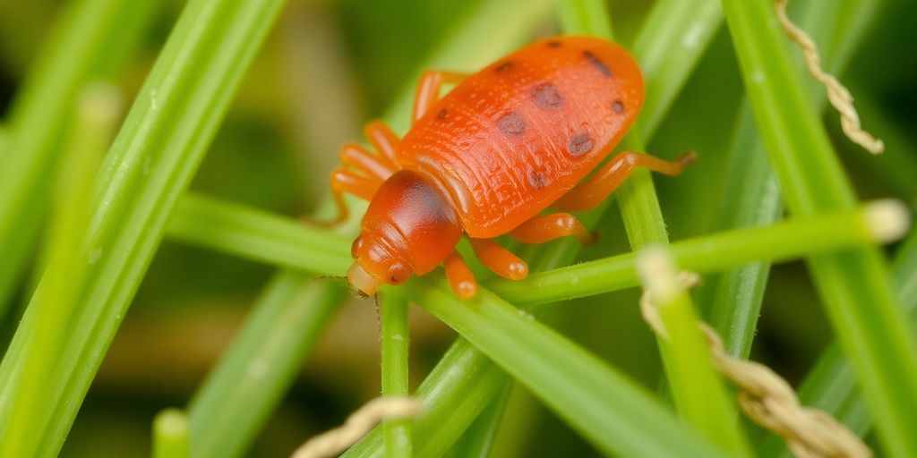 Close-up of a red chigger on green grass.