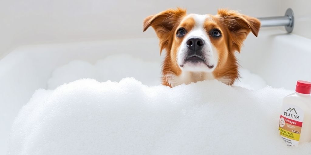 Dog enjoying a bubble bath with flea shampoo nearby.